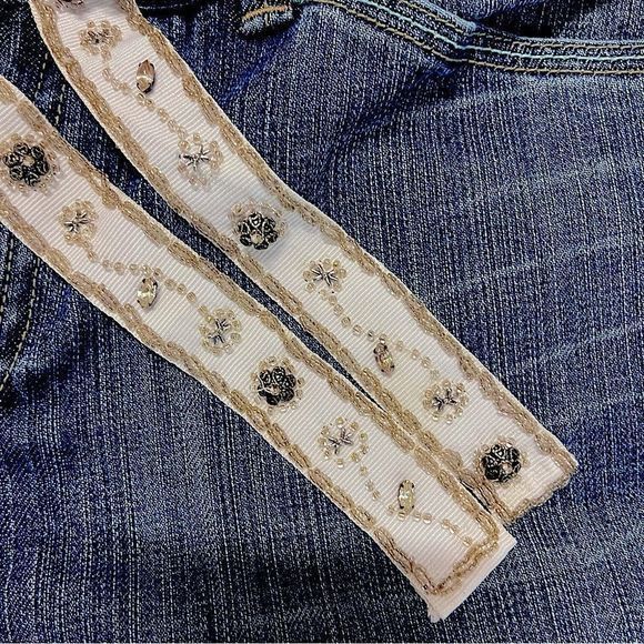 Elie Tahari Selvedge Denim with Cream Beaded Sash Belt Bootcut Jeans— SZ 12 EUC - Picture 4 of 11